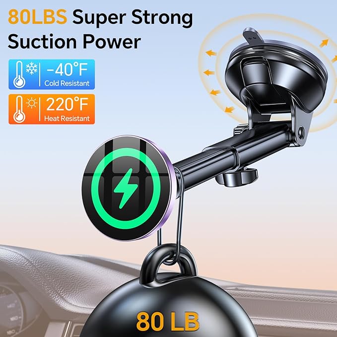 Coolpow for MagSafe Car Mount Charger【Ultra Magnet】 Magnetic Phone Holders for Your Car Charger【Windshield+Vent+Dash】 Magnetic Wireless Car Phone Holder Charger Car Mount for iPhone 17 (Purple)