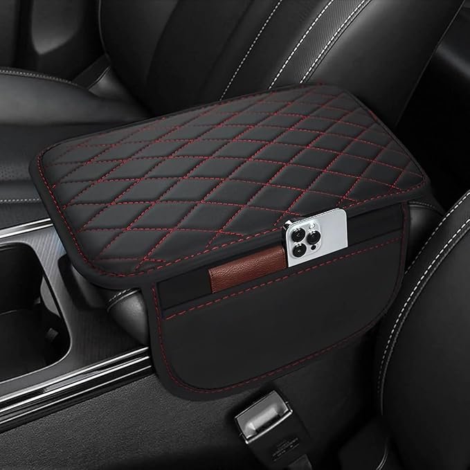 Car Armrest Cushion for Isuzu D-MAX MU-X 2015-2025, Center Console Covers Pad Leather Accessories, Arm Rest Protector Mat with Side Storage Bag for SUV/Sedan/Truck, B/Black-Red