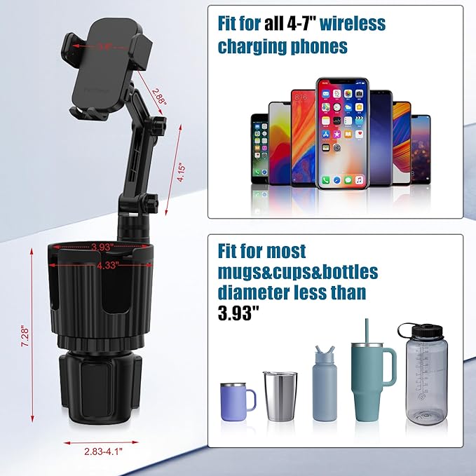 Wireless Car Charger Phone Mount Cup Holder, 3 in 1 15W Fast Charging Auto Clamping Cup Holder Expander for Car, Phone Holders for Your Car CupHolder Wireless Charger Compatible for All Smartphones