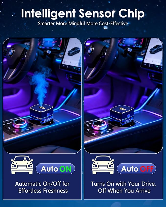 Smart Car Air Fresheners | Luxury Car Aroma Diffuser | with 120ml Long Lasting Perfume | Auto On/Off Car Diffuser | Mini Cube Diffuser for Car, Home by Ikeda (Black)