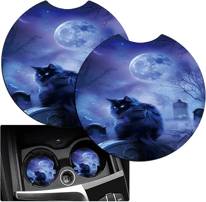 Car Armrest Cover Pads Universal Fashion Cute Auto Center Console Armrest Cover Pad with 2PCS Car Coasters Soft Waterproof Car Armrest Seat Protector for Women, Night Black Cat