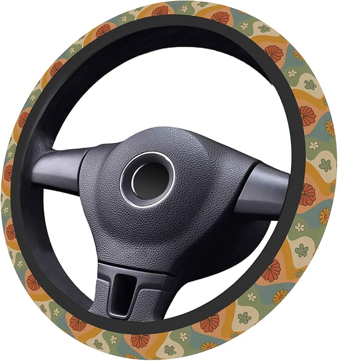 Car Steering Wheel Cover for Women Men, Non-Slip Flower Retro Steering Wheel Protector, Universal 14"-15" Fit for Cars, SUVs, Trucks (Flower Retro)