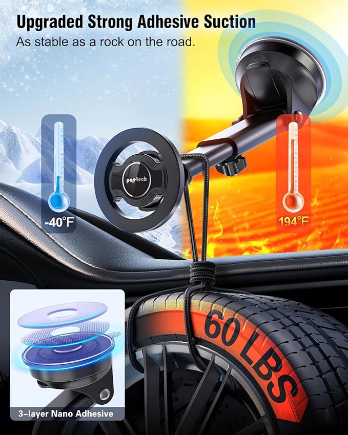 pop-tech for Magsafe Car Mount, Windshield Ultra Magnetic Phone Holder for Car, Dashboard Adjustable Military Suction Cup Phone Mount for iPhone 16 Pro Max 15 14 13 12 Plus, Smartphones, All Phones