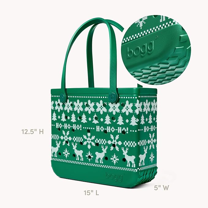 BOGG BAG Medium Tote – 15” x 12.5” x 5” – Durable, Washable, Tip-proof – Beach, Pool, Boat, Work, Sports (Ugly Sweater - Green)