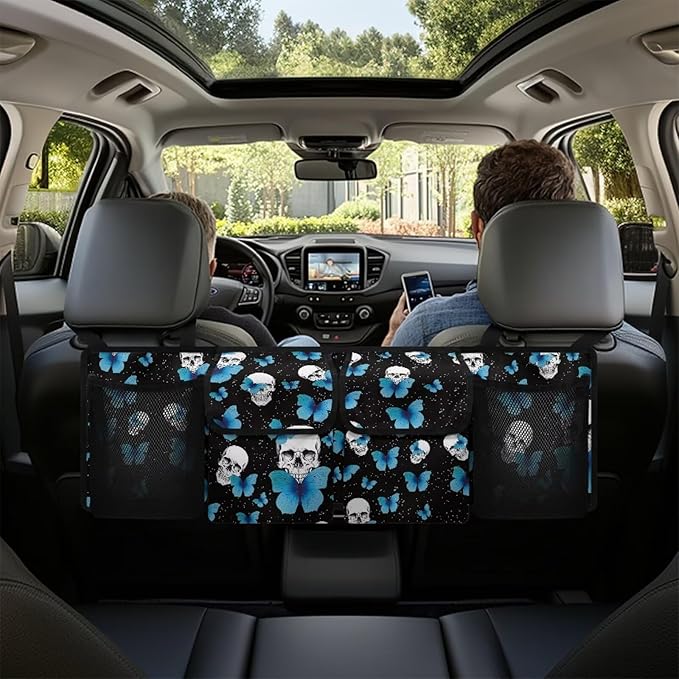 Skull Butterfly Car Trunk Organizer Foldable Auto Backseat Storage Bag with 4 Pockets Hanging Auto Accessories Suitable Most Sedans SUVs Trucks Vans