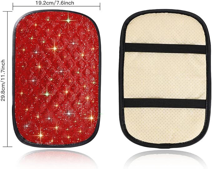 SAVORI Bling Car Armrest Cover Diamond Rhinestone Auto Center Console Cover Protector Arm Rest Cushion Pads Universal Bling Car Accessories for Women Girl Cute Vehicle Interior Decor (Red)