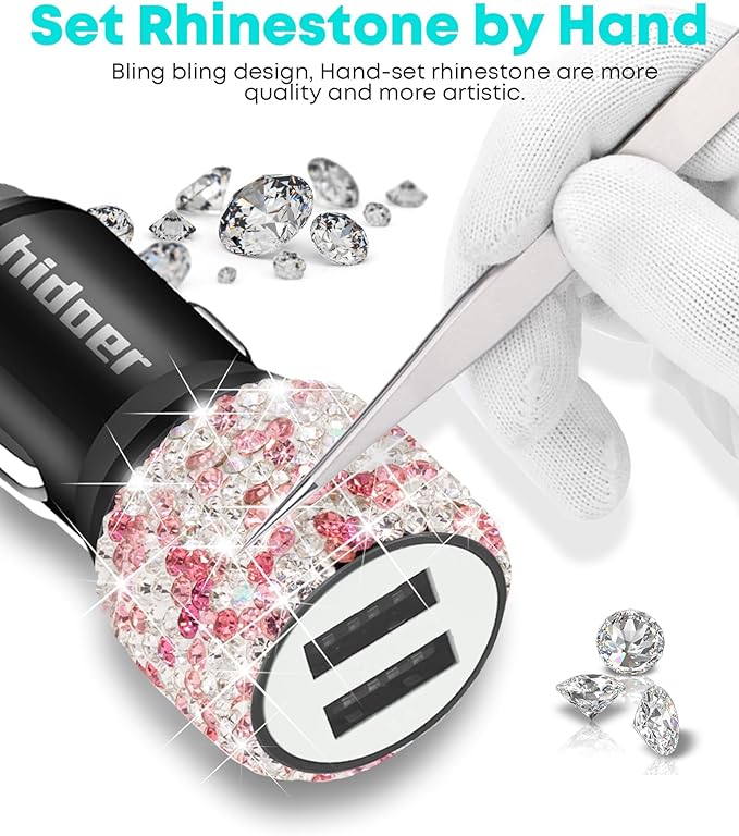 Bling USB Car Charger 5V 2.4A Mix Crystal Decor Dual Port Fast Adapter with 4ft Nylon Type C Micro USB 3 in 1 Multi Charging Cable for iPhone iPad Android, Auto Interior Accessories for Women