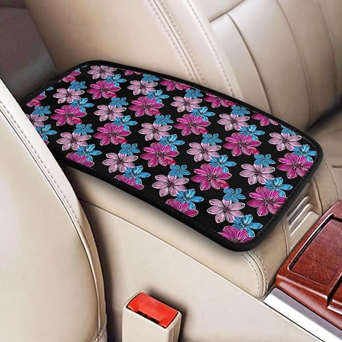Car Center Console Cover Hibiscus Armrest Cushion Scratch Resistant and Waterproof Arm Rest Pads Flower Tropical Cars Decor Accessories, Purple Pink