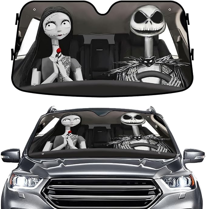 GENANY Nightmare Skellington Couple Horror Windshield Sun Shade for Car SUV Truck (69x35 inches), Sun Shade Windshield, Protector Blocks UV, Christmas Auto Gifts, Halloween Car Decor