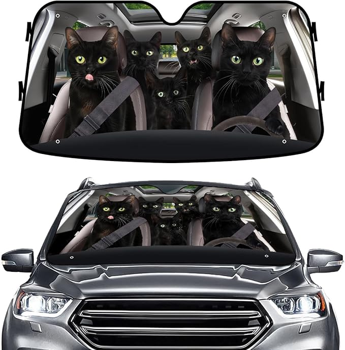 GENANY Black Cat Family Funny Windshield Sun Shade for Car SUV Truck (55x30 Inches), Sun Shade Windshield, Shades for Front Windows, Halloween Auto Gift, Christmas Car Decor