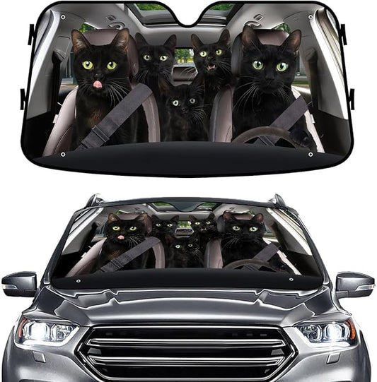 GENANY Black Cat Family Funny Windshield Sun Shade for Car SUV Truck (55x30 Inches), Sun Shade Windshield, Shades for Front Windows, Halloween Auto Gift, Christmas Car Decor