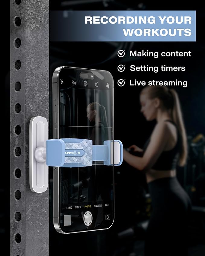 APPS2Car Gym Magnetic Phone Holder, 360 Adjustable, Compatible with 4.7-6.5" Smartphones, Alloy Base and Joint, Gym Accessories for Women, Blue