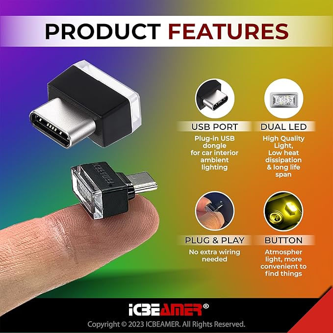 ICBEAMER Type C Adapters Atmosphere Light 2-Pack (Yellow) | Universal Plug-in Miniature LED Night Light for Car Interior and Trunk Ambient Lighting Solution