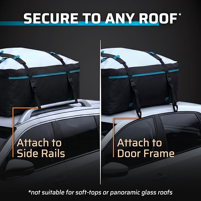 Rooftop Cargo Carrier - 15 Cubic Feet (L), Waterproof Soft Shell Car Roof Cargo Carrier, Heavy Duty Car Top Luggage Cargo Bag with Patented Door Hooks and Non-Slip Mat