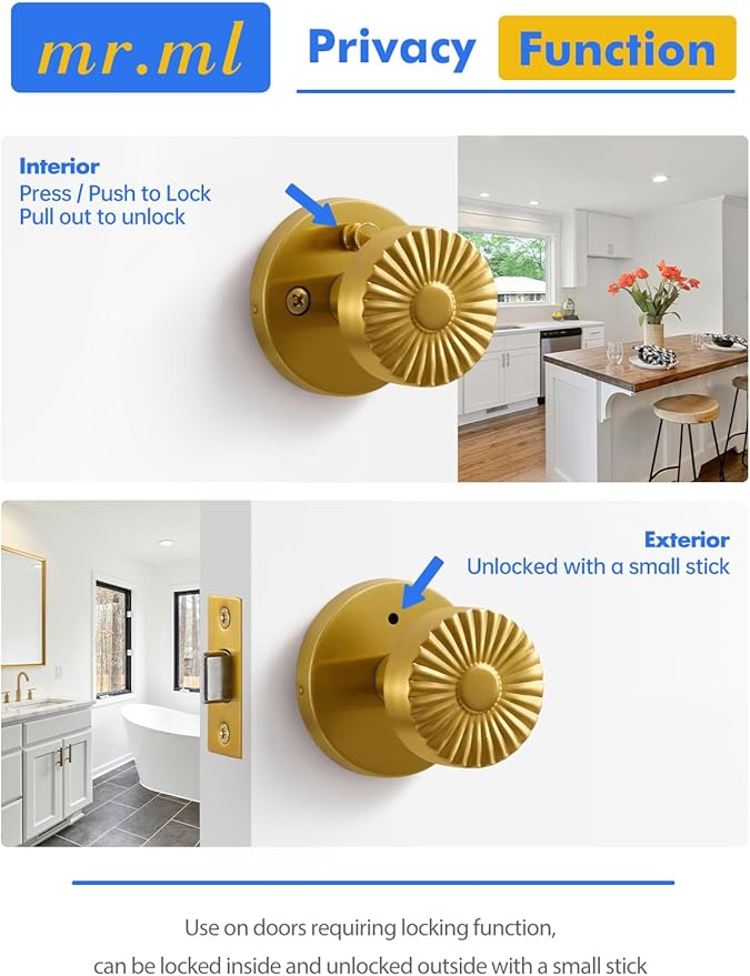 Privacy Door Knob Gold Door Knob, Bedroom Bathroom Vintage Bright Gold Door Handle Interior Brushed Gold DoorKnob, Stainless Steel Knob, 1 Pack