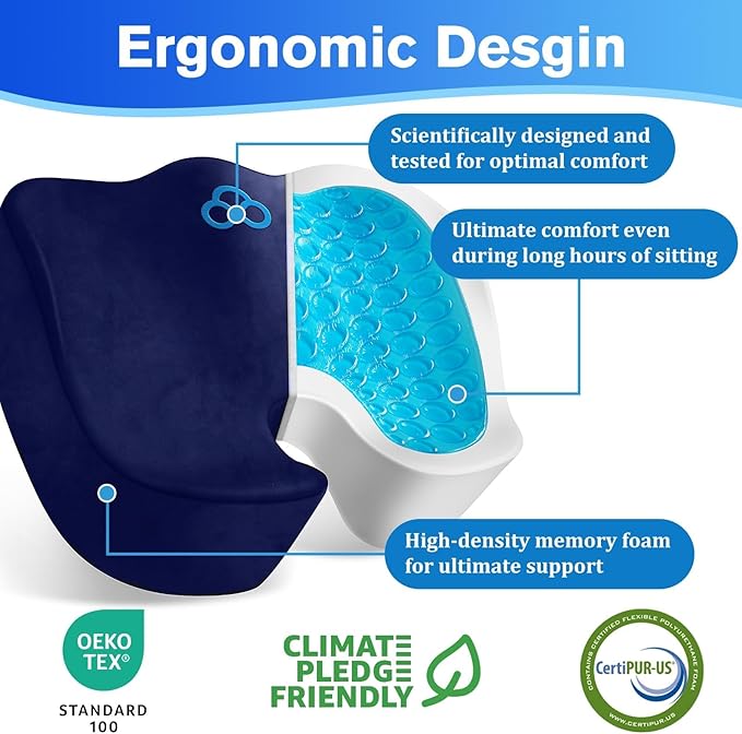 Seat Cushion, Gel Chair Cushions, Office Chair Cushions, Anti-Slip Bottom & Removable Cover Tailbone Pain Relief Cushion, Memory Foam Seat Cushion, 5.28 in Thick (Blue)