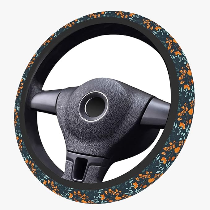 Orange Wildflowers Steering Wheel Cover, Cute Print Steering Wheel Cover Protector, Ultra Thin Breathable Non-Slip, Car Accessories for Women, for Steering Wheel with a Diameter of 14.5"-15"