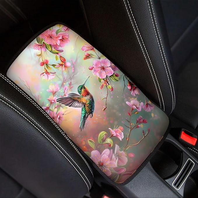Flower Hummingbird Car Center Console Cover Armrest Pad Cover Universal Car Arm Rest Seat Storage Box Mat Non Slip Interior Accessories