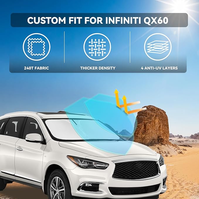for Infiniti QX60 2014-2025 2026 Windshield Sun Shade - 4 Layers Car Sunshades for Front Windows Shade Cover Custom Fit QX60 Sun Visor 250T Retractable Shade Blocks UV Rays Car Accessories