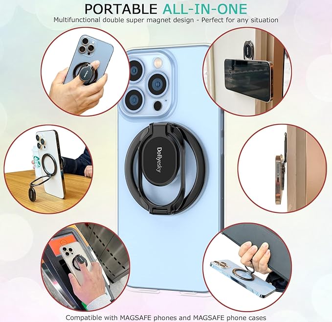 Doflyesky Magnetic Phone Ring Holder with Magsafe, Double Adjustable Gym Finger Ring Grip, Removable Phone Grip, for iPhone, iPad and Smartphones, Compatible with Magnetic Car Mount (Colorful)