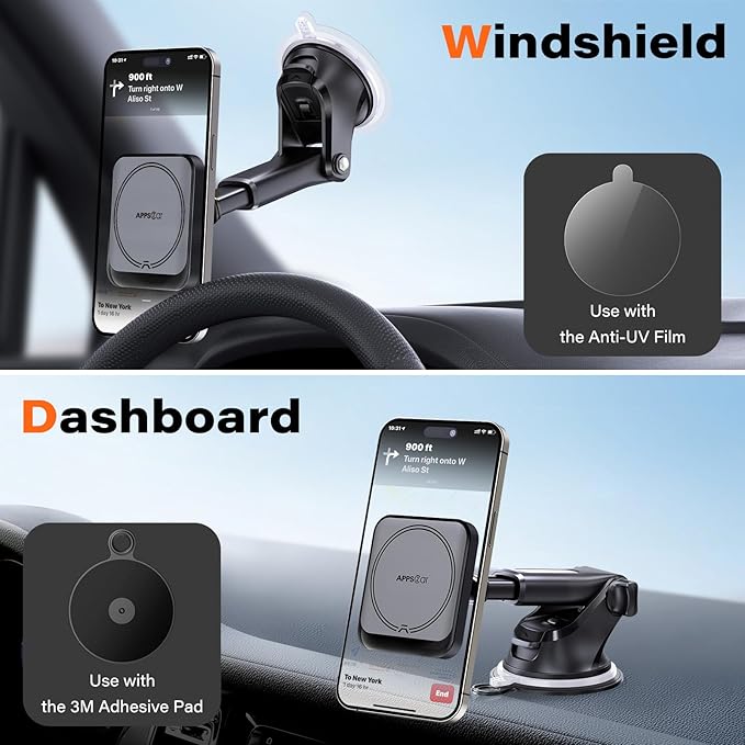 APPS2Car for MagSafe Car Mount, Magnetic Phone Holder for Car with Suction Cup, 17 Strong Magnets & Adjustable Arm, Dashboard & Windshield Phone Mount Compatible with MagSafe Case iPhone 12–17 Series