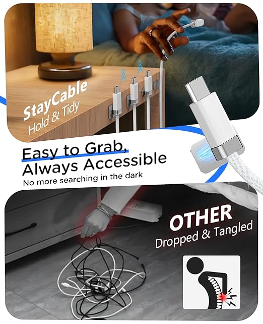 StayCable 5FT USB A to USB C Cable with Built-in Magnetic Holder for Nightstand, Desk and Car, 3A Fast Charging Anti-Fall Cord with 2 Adhesive Metal Plates, Braid Type-C Data Cable for iPhone 17