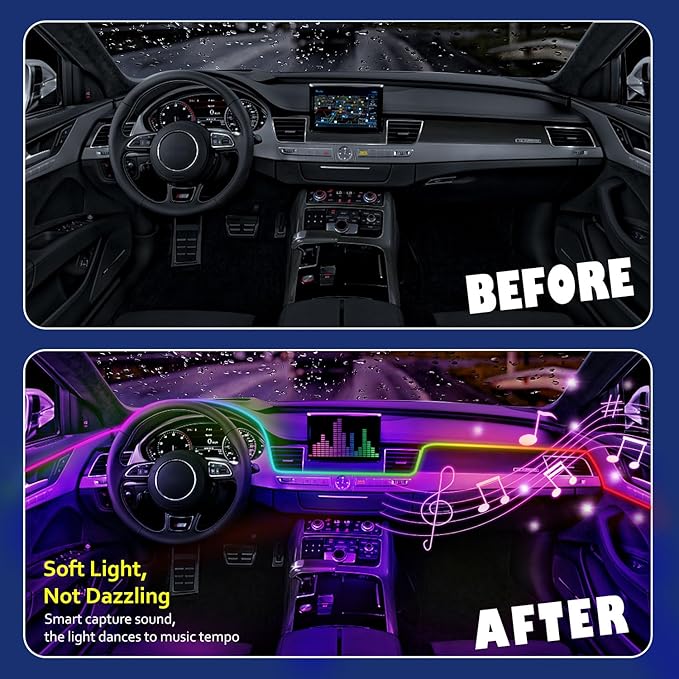 HMYC Acrylic Interior Car LED Strip Light with APP, 18-in-1 128 Colorful 6 Pieces Fiber Optic Car Decoration Atmosphere Light Kits, Dual Zone Music Sync Rhythm RGB Neon Lighting for All Cars