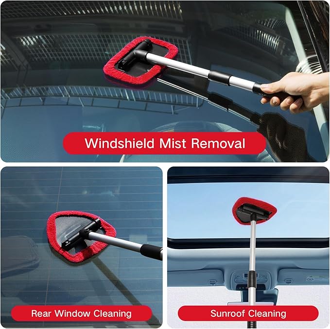 Qydipclin 10pcs Windshield Cleaner Tool, Car Window Cleaning Wash Kit with 4 Reusable Microfiber Pads 1 Spray Bottle and Extendable Handle Auto Glass Wiper Kit, Red