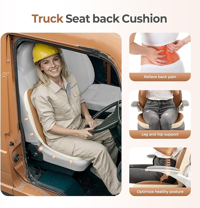 FLORICH 2 in1 Truck Seat Cushion and Lumbar Support Pillow Memory Foam Car Seat Cushion with Adjustable Strap for Truck Driver Long Drives, Fits Semi Truck Seat,Car,Office&Gaming Chair(Light Brown)