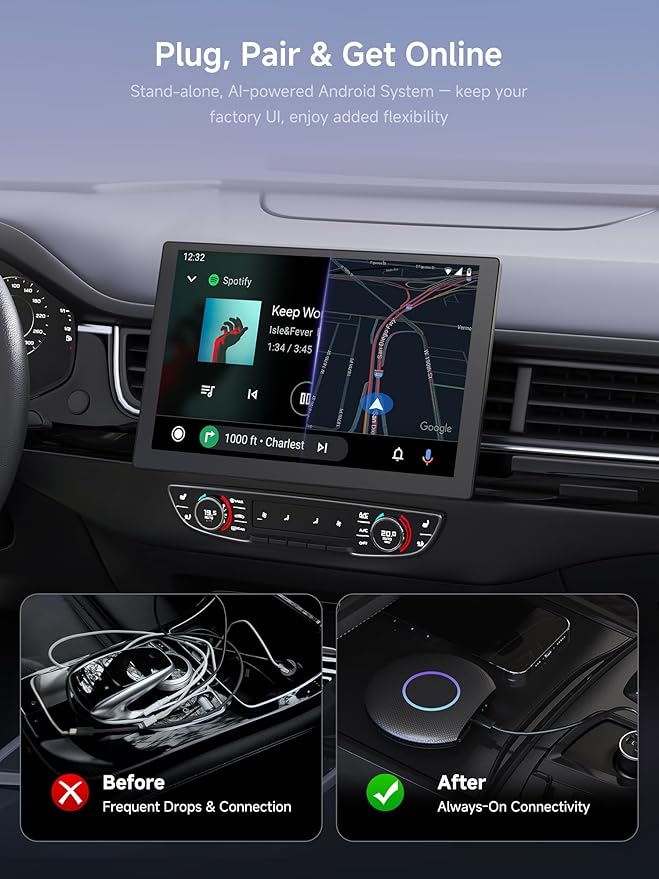 Magic Box CarPlay & Wireless Android Auto Adapter, Full Android OS, Built-in 4G LTE, AI Box Adapter, Plug & Play, Drivechat with AI Skills, WiFi, Bluetooth, Fits for OEM Wired CarPlay Cars