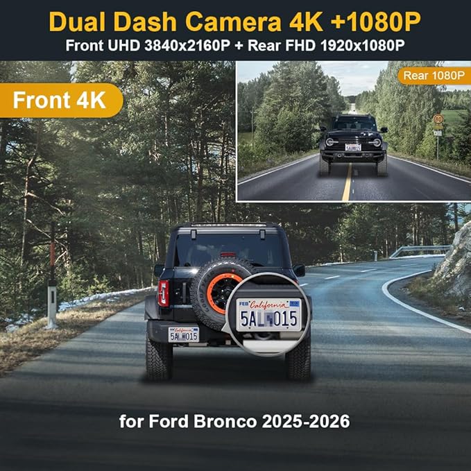 Fitcamx Front 2160P+Rear 1080P Dash Cam Adapts for Ford Bronco 2025-2026 & Bronco Rapor (HD2-D8300), OEM Factory Look, 2 Way HD Video, WiFi & APP, Loop Recording, G-Sensor, Easy to Use, 128GB Card