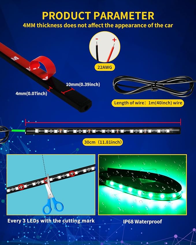 Green Led Strip Lights,DUOFU365 Marine Boat Led Navigation Lights 30CM 15 SMD IP67 Waterproof Auto Interior Lights for Home Decoration Car Motorcycles Boat Golf Cart Truck with 3M Tape(6PCS)