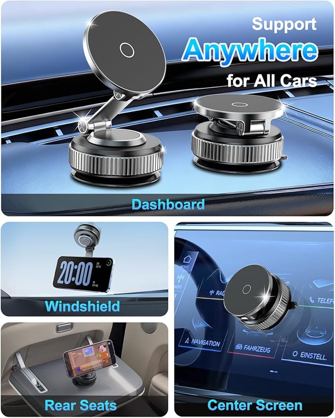 Vacuum Magnetic Car Phone Holder 360° Strongest 120LBS Ultra Suction Cup Phone Mount for MagSafe Dashboard Cell Phone Holders for Your Car/Gym/Mirror Bracket for iPhone 17 & Android, Metal Stand Rotor