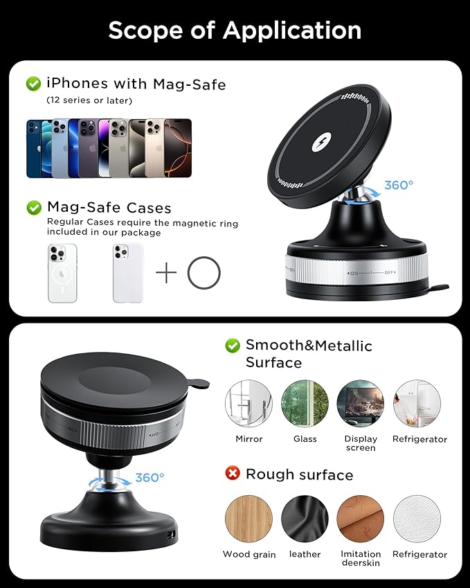 Upgraded for iPhone 17 Vacuum Magnetic Car Phone Holder,360° Adjustable Suction Cup Phone Mount, Mag-Safe car Mount 15W Wireless Charger Stand for Car, Makeup/Gym/Mirror, iPhone 16 15 14 13 12 Series