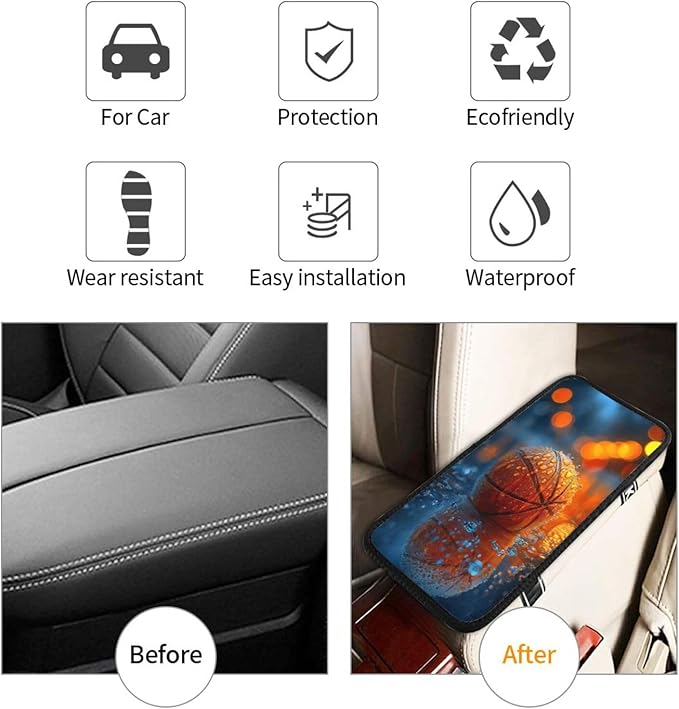 Universal Car Center Console Cushion Pad, Basketball in The Rain Soft Waterproof Car Center Console Cover Auto Armrest Seat Box Cover Protector for Most Vehicle SUV Truck Car