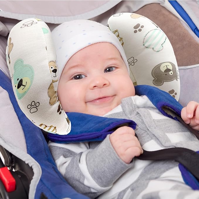 KAKIBLIN Baby Head Neck Support Pillow, 2 in 1 Banana Neck Pillow for Babies, Travel Pillow for Stroller Neck Support for Newborn, Adjustable Baby Pillow for Head (Bear)