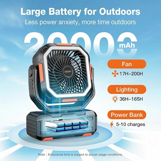 OGERY Camping Fan, Portable Fan Rechargeable with 20000mAh Battery, Stepless Speed Control, Fast Charging, Remote & LED Lantern for Tent, Travel, Car Camping, Camping Essentials