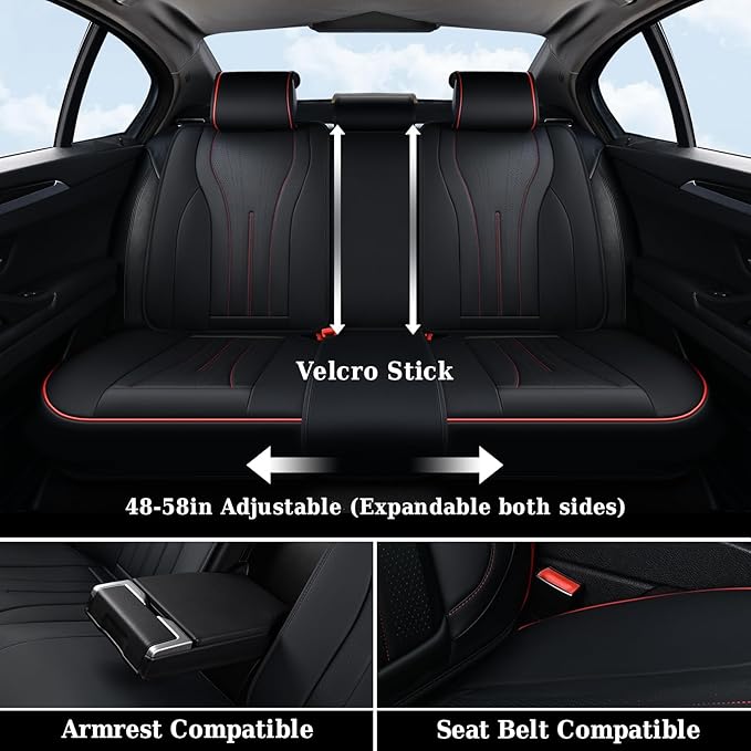 Coverado Car Seat Covers Full Set, Leather Seat Covers for Car, Waterproof Seat Covers, Automotive Seat Cushions, Breathable Car Seat Protector Universal for Most Sedans, Trucks, SUV (Black &Red Line)