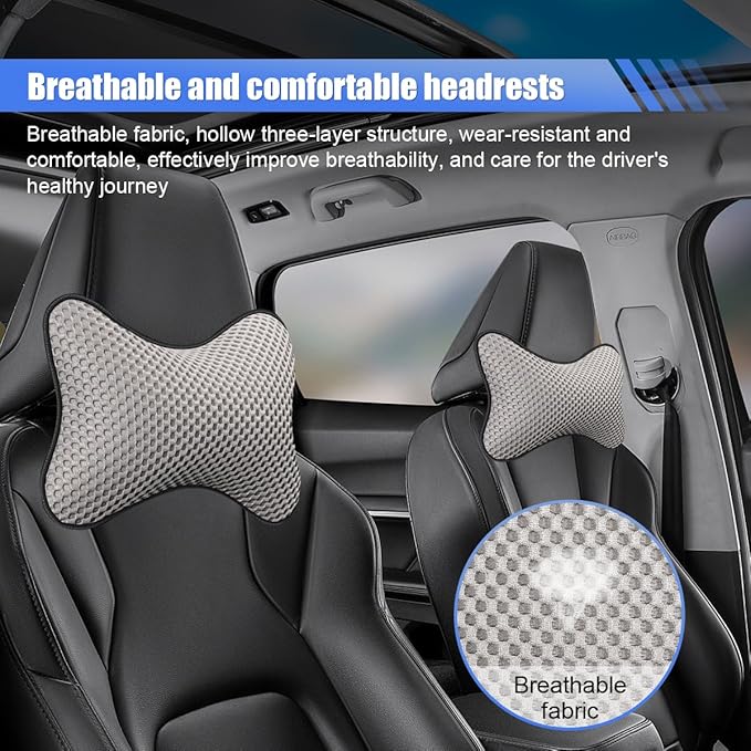 2PCS Car Headrest Pillow, Breathable Leather Car Neck Pillow, Soft Cloud Silk Cotton Neck Support Relief Cushion, Comfortable Automotive Seat Head Rest Pad for Driving Fatigue Relief (Grey)