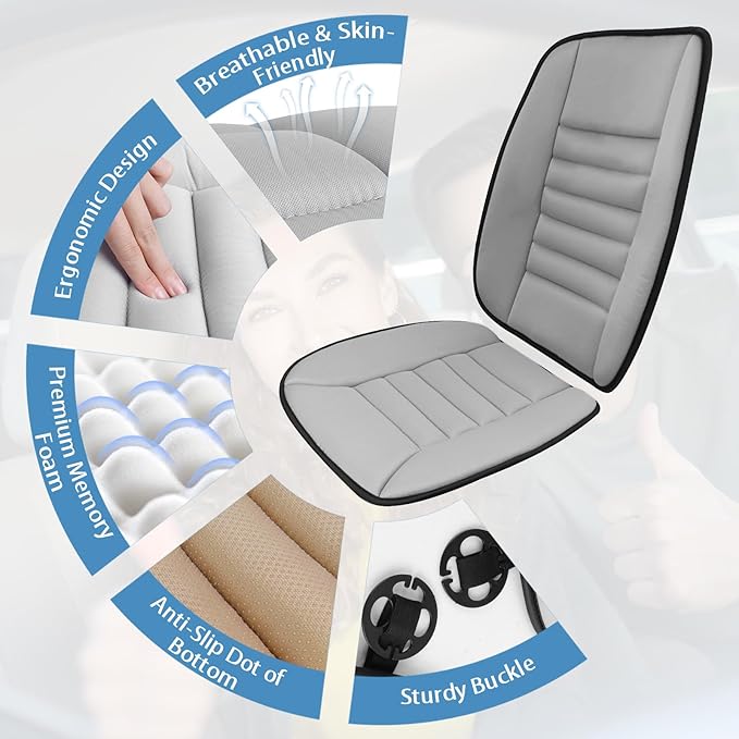 Car Seat Cushion, Memory Foam Cushion for Car Seat, Lumbar Support Pillow, Seat Cushion for Full Back and Seat, Ideal for Car Seat Driver, Office Chair, Wheelchair and Back Pain Relief (Gray)