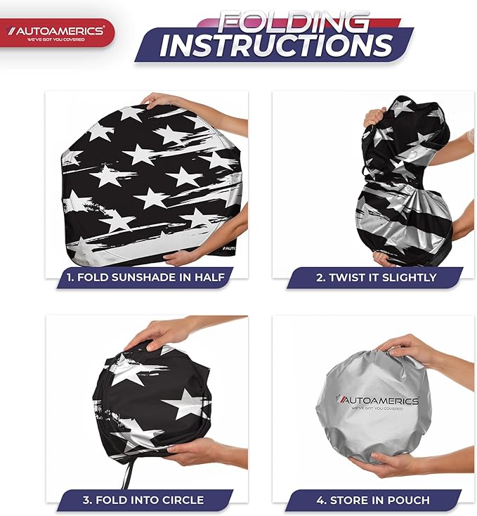Autoamerics 1-Piece Windshield Sun Shade B&W Art American Flag USA Design - Foldable Car Front Window Sunshade for Most Sedans SUV Truck - Blocks Max UV Rays and Keeps Your Vehicle Cool - Small