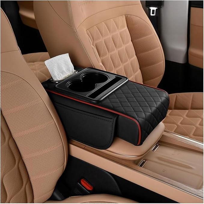 Car Armrest Cushion for Mercedes Benz E-Class W211 2001-2005 2006 2007 2008 2009, Car Center Console Cover Armrest Pad with Cup Holder and Tissue Box, Car Accessories,Black-Red