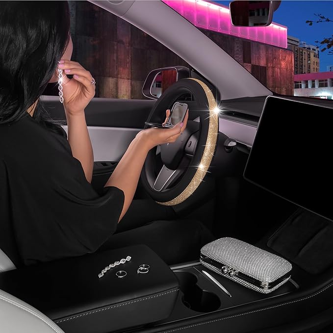 Carbella Leatherette Crystal Bling Steering Wheel Cover for Car SUV, Glitter Sparkle Rhinestone Cute Car Accessories for Women Universal Fit Standard Size (Fits 14.5"-15") - Black w/ Gold Bling