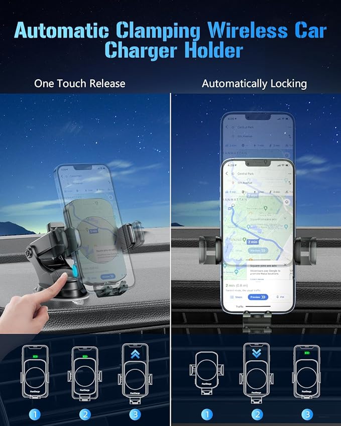 Wireless Car Charger, Fast Charging Phone Holder 3 in 1 Phone Mount Auto Clamping Car Accessories Compatible with iPhone 17 16 15 14 13 12 11 Xs XR, Samsung S23 Ultra S22 S21 S20(Forest Green)