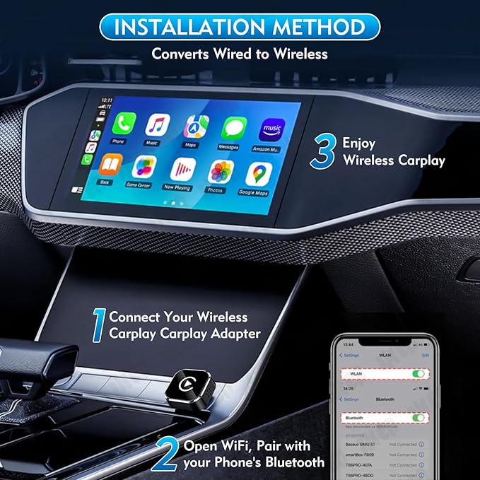 Wireless CarPlay Adapter, 2-in-1 Mini CarPlay & Android Auto Wireless Adapter, Plug & Play, Auto Connect, Car Accessories, Car Play Dongle Compatible with iPhone & Android