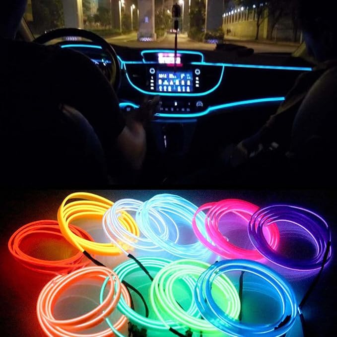 Riloer El Wire Lights for Car, Interior Neon Lights Strip Car LED Strip Light Interior for Car Garden Party Decoration, Car Ambient Lighting Kits, 5m/16.4ft Red LED