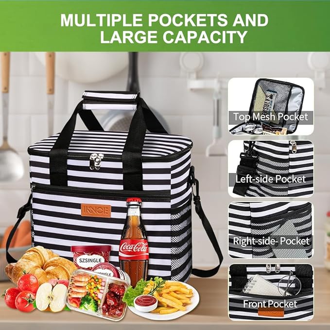 Iknoe Large Cooler Bag Collapsible 24 Can Insulated Bags Leakproof Lunch Cooler Tote with Multi-Pockets for Adult Insulated Thermal Bag for Beach, Picnic, Office Work(Stripe)