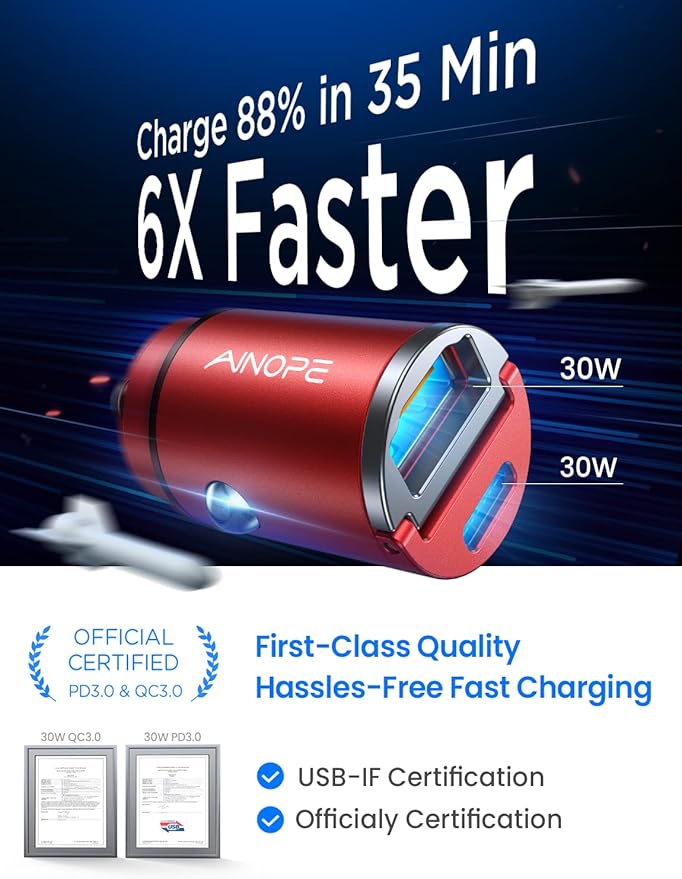 AINOPE USB C Car Charger Adapter, PD36W & QC36W Fast Charging, Mini & All Metal, Compatible with iPhone 15/14 Pro Max/13 & Samsung Smartphones, Red Kits