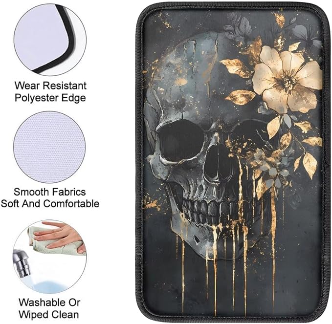 Dreaweet Skull and Flower Center Console Cover for Car Women Universal Rest Cover Pad Spooky Car Accessories Non Slip Anti Scratch Center Console Armrest Cover for SUV Sedan Truck Van