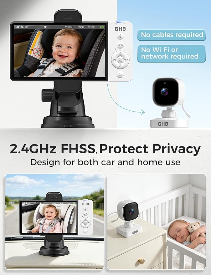 GHB Wireless Baby Car Camera 5" HD, 3500mAh Baby Monitor 2000mAh Camera Non WiFi, Temperature Alert, 720P Night Vision VOX Mode, 360° Rotatable Rear Facing Monitor Baby Essentials Gifts for Home Pets